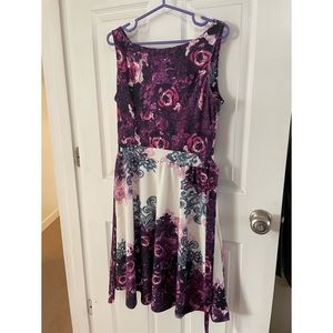 Purple floral fit and flare dress, size M
